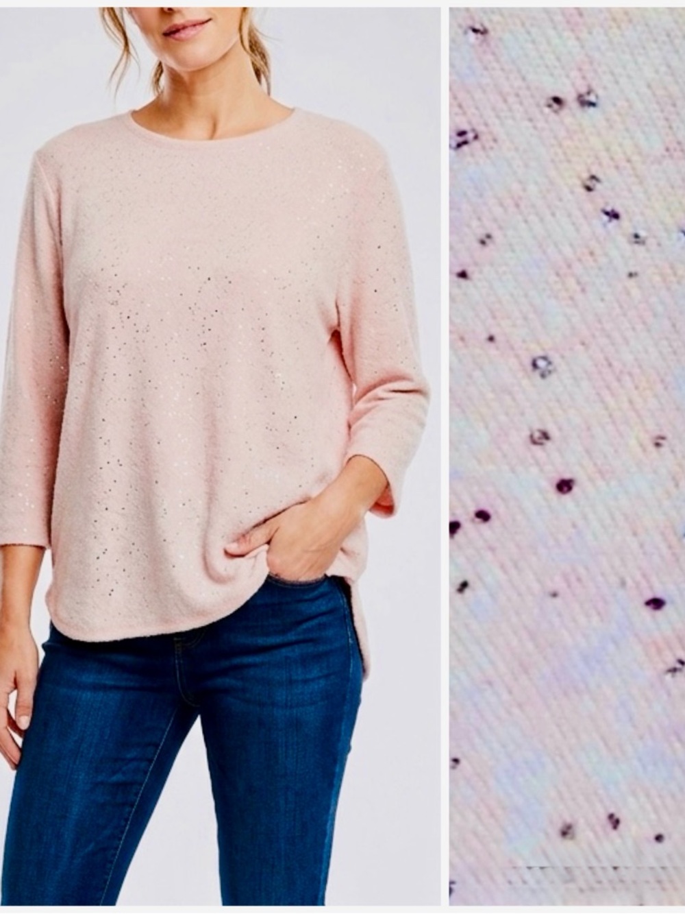 CATHY Nordstrom Pink Fuzzy Soft Lightweight Sweater w Silver Splatter Paint Top